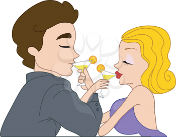 Royalty Free Clipart Image of a Romantic Couple Drinking With Their Arms Entwined