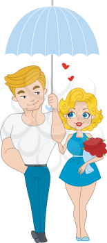 Royalty Free Clipart Image of a Pin-Up Couple Sharing an Umbrella