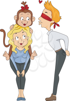 Royalty Free Clipart Image of a Blindfolded Man About to Kiss a Monkey