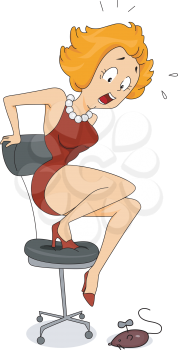 Royalty Free Clipart Image of a Woman Frightened By a Toy Mouse