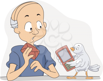 Royalty Free Clipart Image of a Pigeon Holding a Cellphone and Showing it to a Man