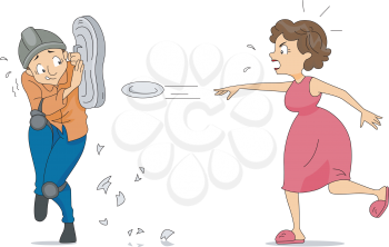 Royalty Free Clipart Image of a Woman Throwing Plates at a Man