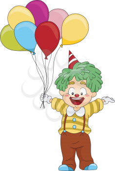 Royalty Free Clipart Image of a Clown Carrying Balloons