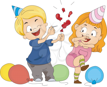 Royalty Free Clipart Image of a Boy Popping a Balloon at a Party