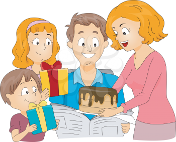 Royalty Free Clipart Image of a Family Celebrating a Father's Birthday or Father's Day