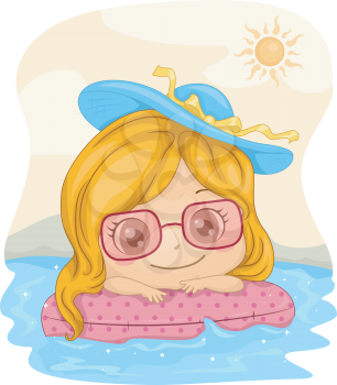 Royalty Free Clipart Image of a Girl With a Life Preserver in the Water