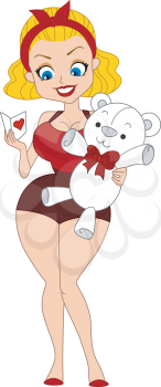 Royalty Free Clipart Image of a Pin-Up Girl With a Valentine Card and Teddy Bear