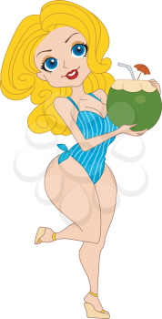 Royalty Free Clipart Image of a Woman Holding a Coconut Drink