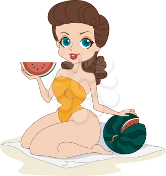 Royalty Free Clipart Image of a Pin-Up With a Watermelon