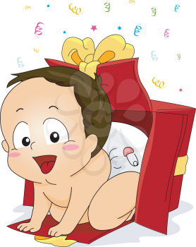 Royalty Free Clipart Image of a Baby Crawling Out of a Gift Box