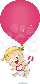 Royalty Free Clipart Image of a Balloon Tied to a Baby Girl