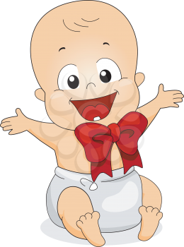 Royalty Free Clipart Image of a Baby With a Ribbon on His Neck