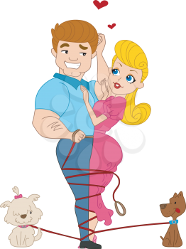 Royalty Free Clipart Image of Dog Leashes Wrapped Around a Couple