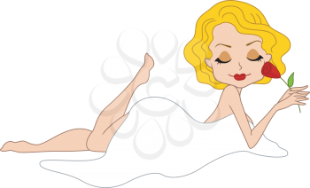 Royalty Free Clipart Image of a Half-Naked Woman Covered By a White Drape