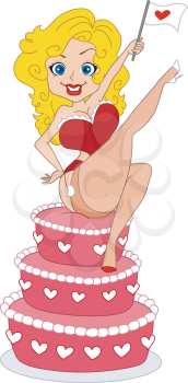 Royalty Free Clipart Image of a Pin-Up on a Valentine Cake