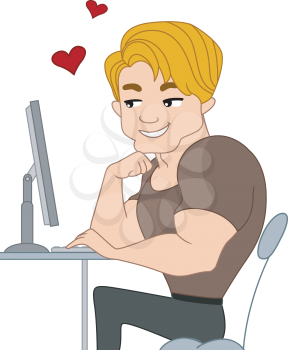 Royalty Free Clipart Image of a Pin-Up Man at the Computer With Hearts Above Him