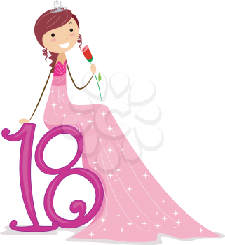 Royalty Free Clipart Image of a Girl Leaning on the Number 18