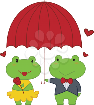 Royalty Free Clipart Image of a Male Frog Holding an Umbrella For a Female Frog