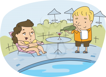 Royalty Free Clipart Image of a Poolside Waiter