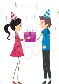 Royalty Free Clipart Image of a Girl Giving a Boy a Gift