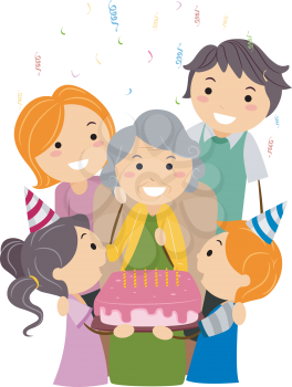 Royalty Free Clipart Image of a Family Helping a Grandmother Celebrate Her Birthday