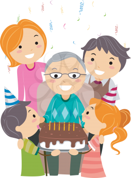 Royalty Free Clipart Image of a Family Celebrating Grandpa's Birthday With Him