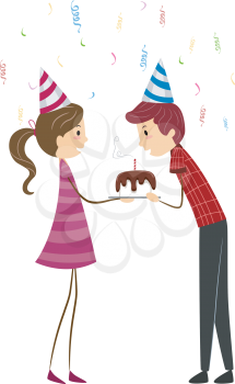 Royalty Free Clipart Image of a Guy Blowing Out the Candles on His Birthday Cake
