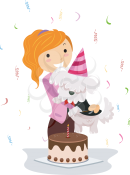 Royalty Free Clipart Image of a Girl Celebrating Her Dog's Birthday