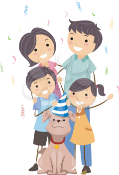 Royalty Free Clipart Image of a Family Celebrating a Dog's Birthday
