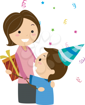 Royalty Free Clipart Image of a Boy Getting a Gift From His Mother