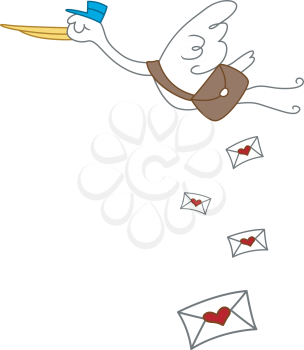 Royalty Free Clipart Image of a Stork Delivering Love Letters