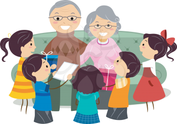 Royalty Free Clipart Image of Children Giving a Gift to Grandparents