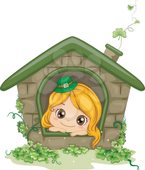 Royalty Free Clipart Image of a Little Girl Wearing an Irish Hat and Looking Out a Window