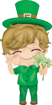 Royalty Free Clipart Image of a Boy in Green Holding Shamrocks