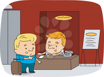 Royalty Free Clipart Image of a Man at a Receptionist's Desk