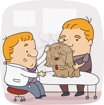 Royalty Free Clipart Image of a Vet With a Dog and Owner