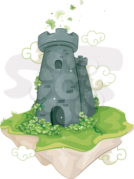 Royalty Free Clipart Image of a Floating Tower Surrounded by Shamrocks