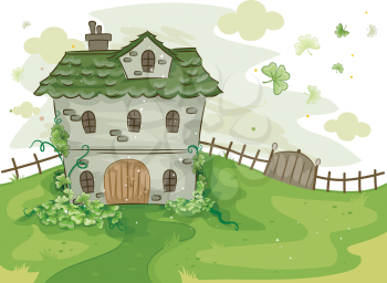 Royalty Free Clipart Image of a House Surrounded by Shamrocks