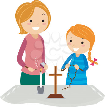 Royalty Free Clipart Image of a Mother and Daughter at the Altar