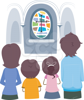 Royalty Free Clipart Image of a Family Praying in Church
