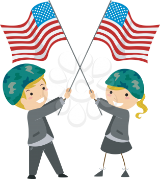 Royalty Free Clipart Image of Children Waving a US Flag