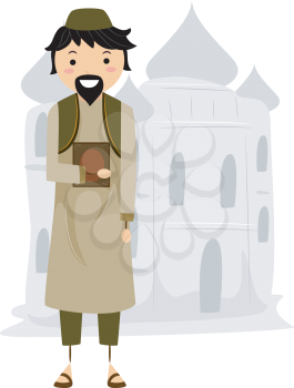 Royalty Free Clipart Image of a Muslim Standing Outside a Mosque