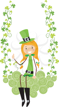 Royalty Free Clipart Image of a Girl on a Shamrock Swing