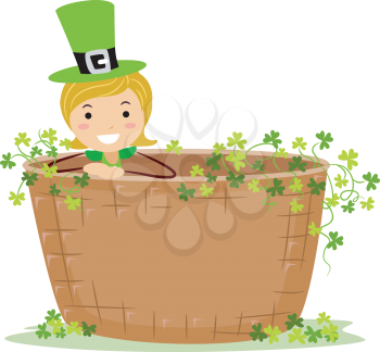 Royalty Free Clipart Image of a Girl Inside a Giant Basket With Shamrocks