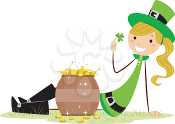 Royalty Free Clipart Image of a Sitting Beside a Pot of Gold