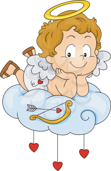 Royalty Free Clipart Image of a Baby Cupid on a Cloud