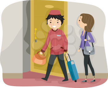 Royalty Free Clipart Image of a Bellboy and Guest