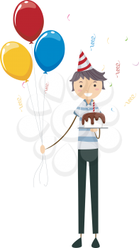 Royalty Free Clipart Image of a Man With a Birthday Cake and Balloons