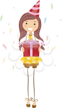Royalty Free Clipart Image of a Girl Holding a Birthday Gift