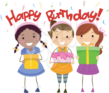 Royalty Free Clipart Image of Children Holding Birthday Presents